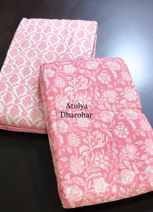Pink Floral Mulmul Single Dohar Pair with Super King Bedsheet Set
