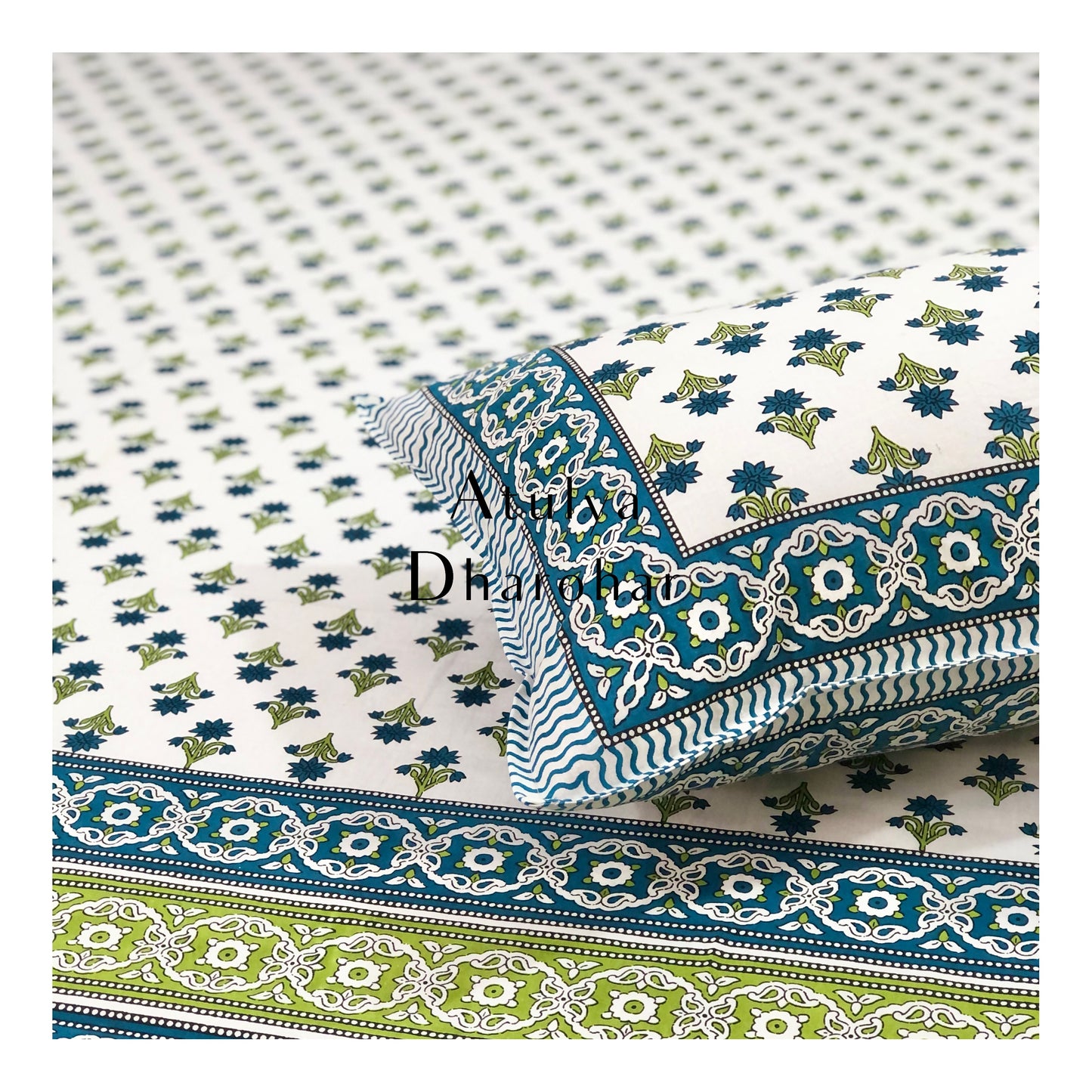 Blue and Green Floral Motifs Bedsheet