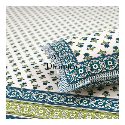 Blue and Green Floral Motifs Bedsheet