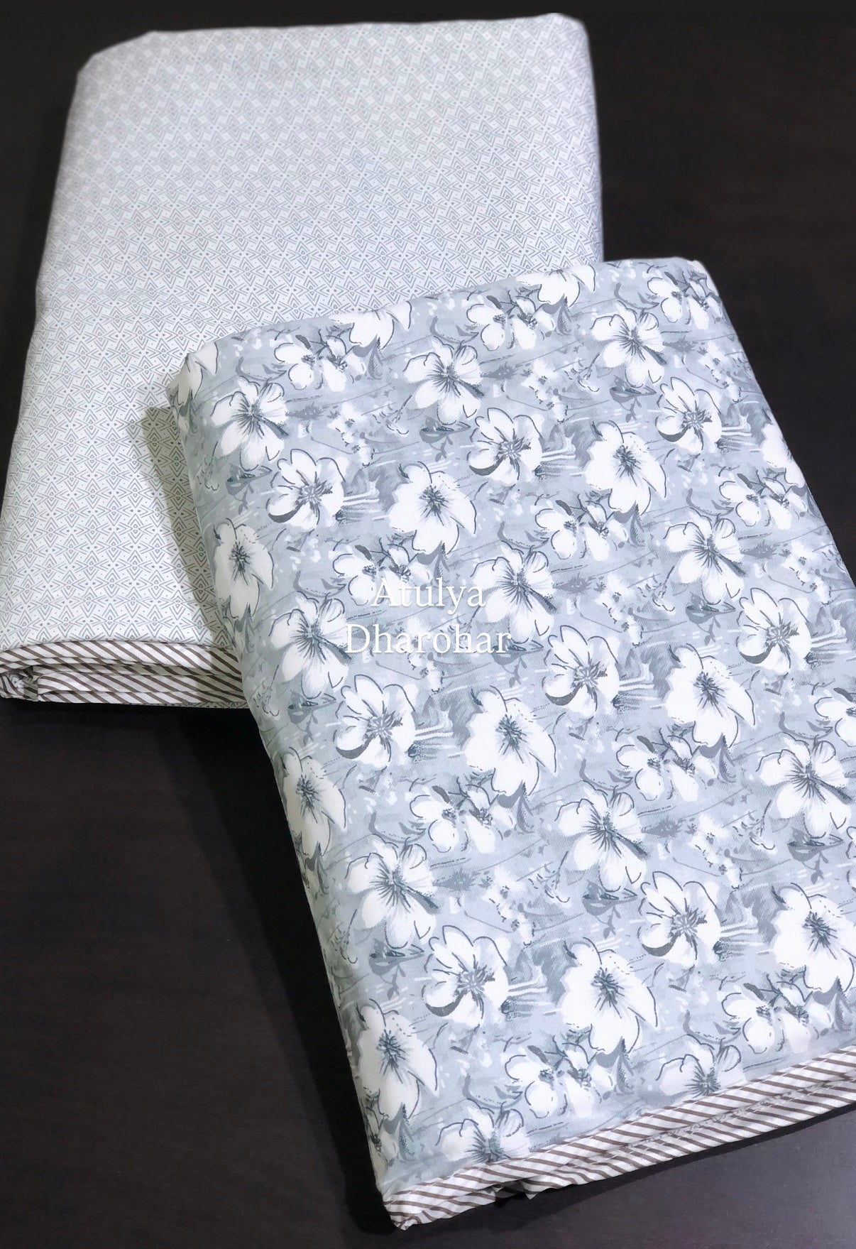 Grey Floral Jaal Cambric Cotton Single Dohar Pair