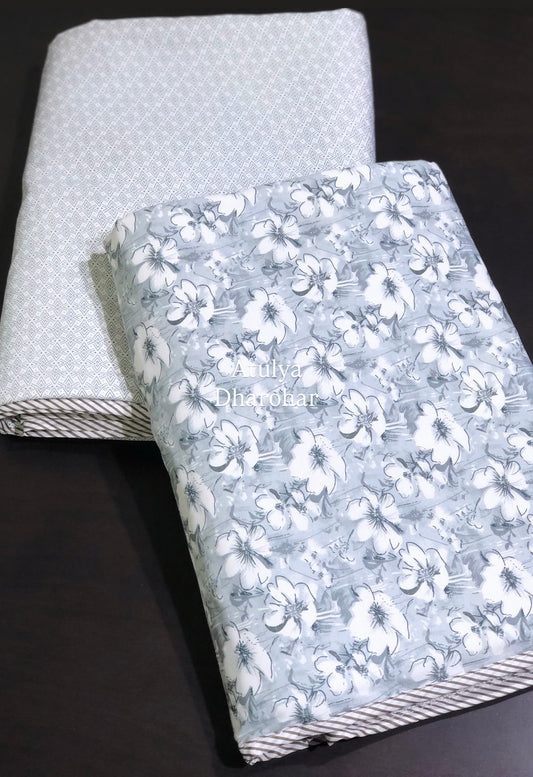Grey Floral Jaal Cambric Cotton Single Dohar Pair