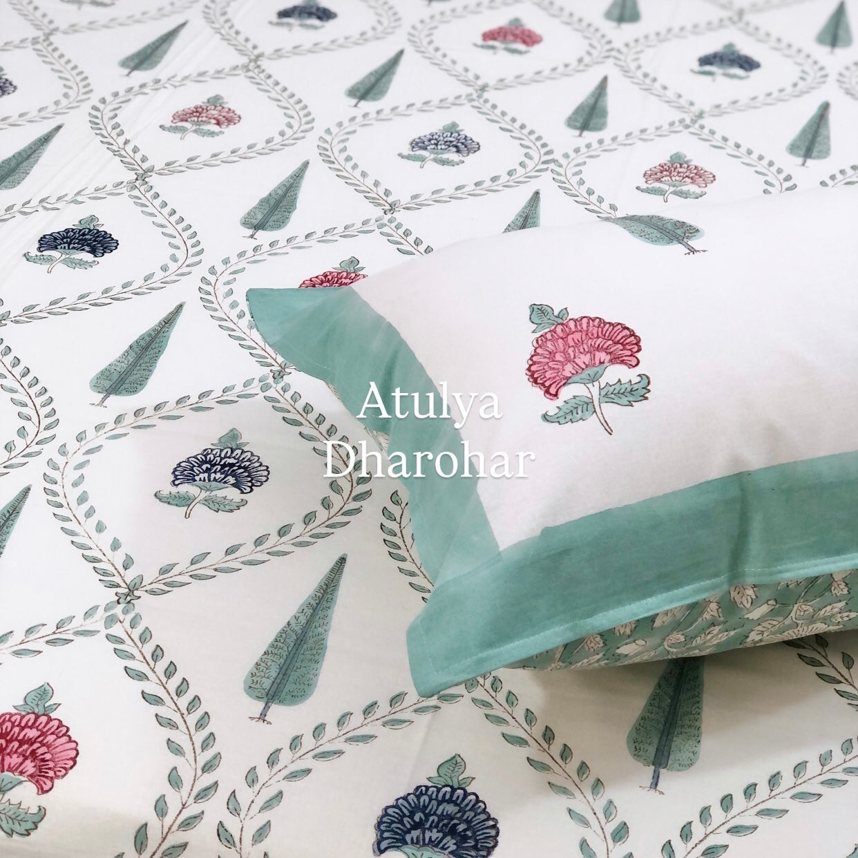 Multicolour Floral Mughal Jaal Hand Block Super King Bedsheet