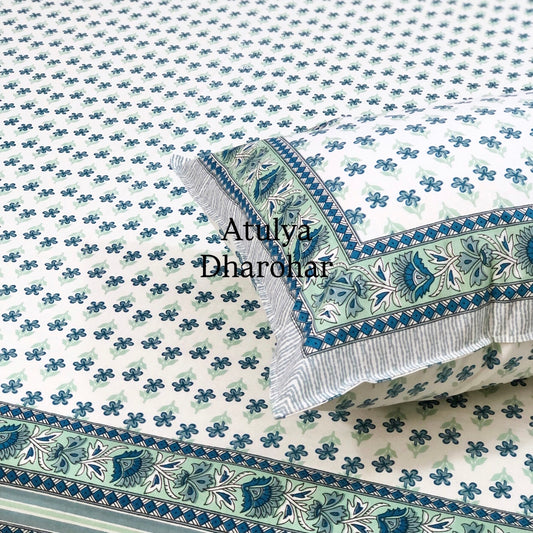 Blue and Green Floral Motifs Cotton King Size Bedsheet