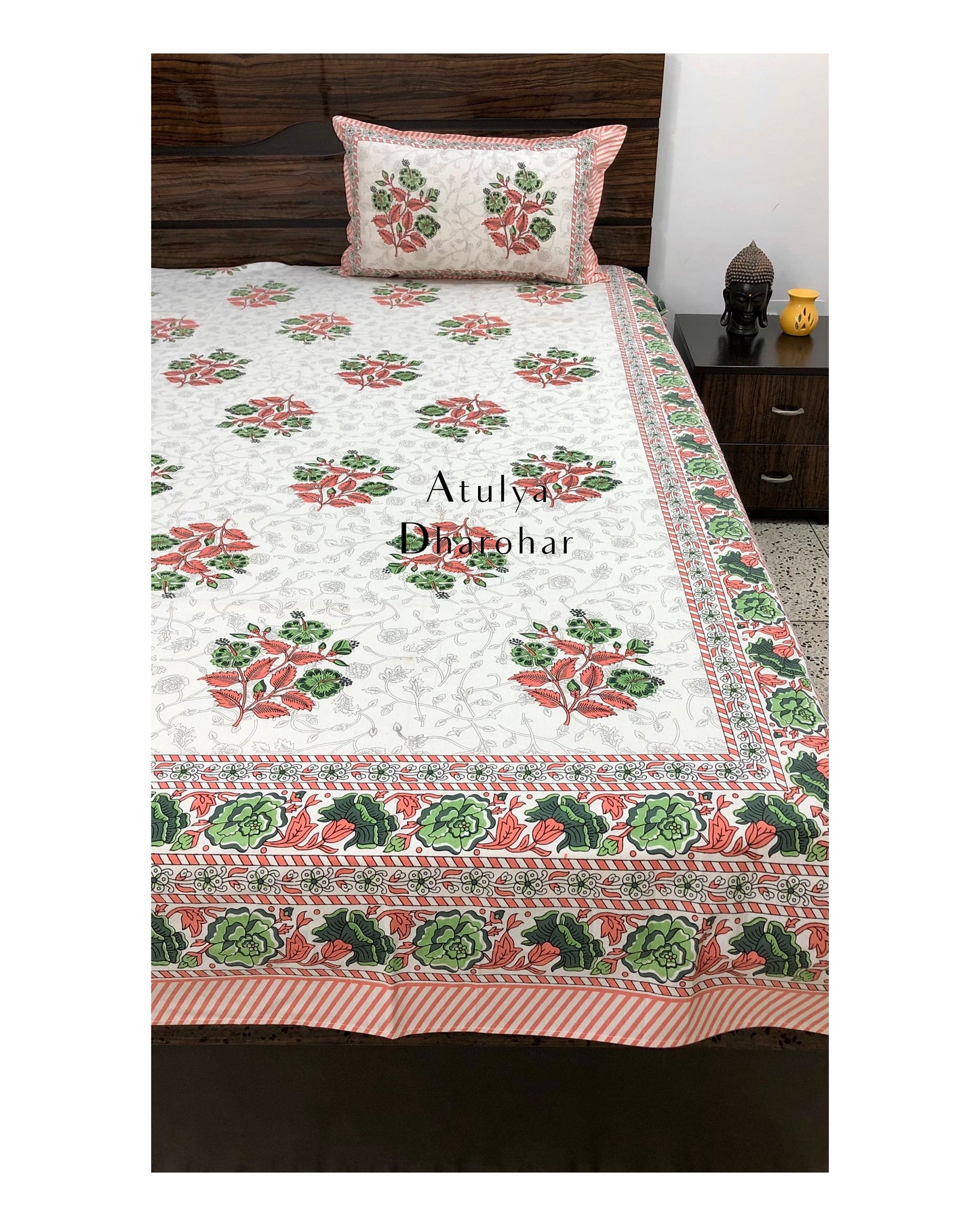 Peach and Green Floral Motifs Bedsheet