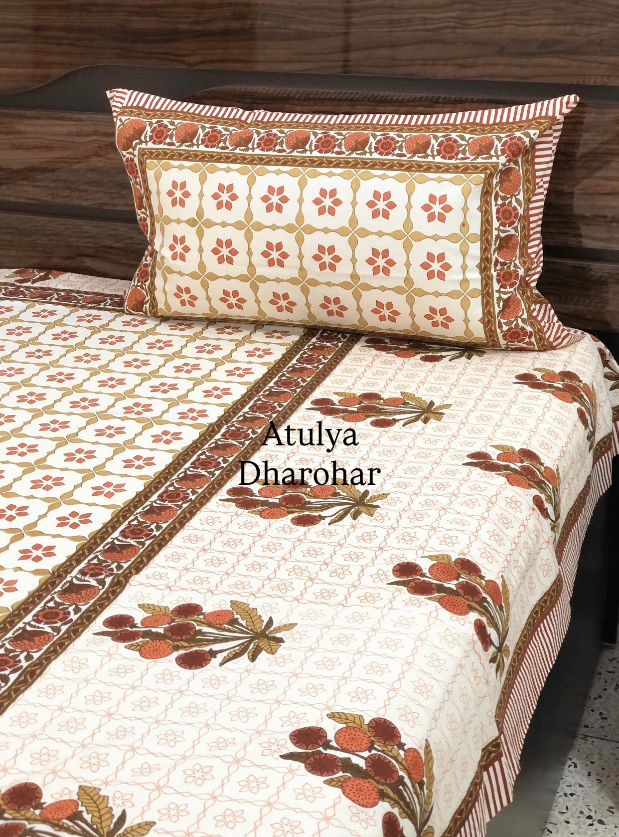 Rust and Green Floral Cotton King Size Bedsheet