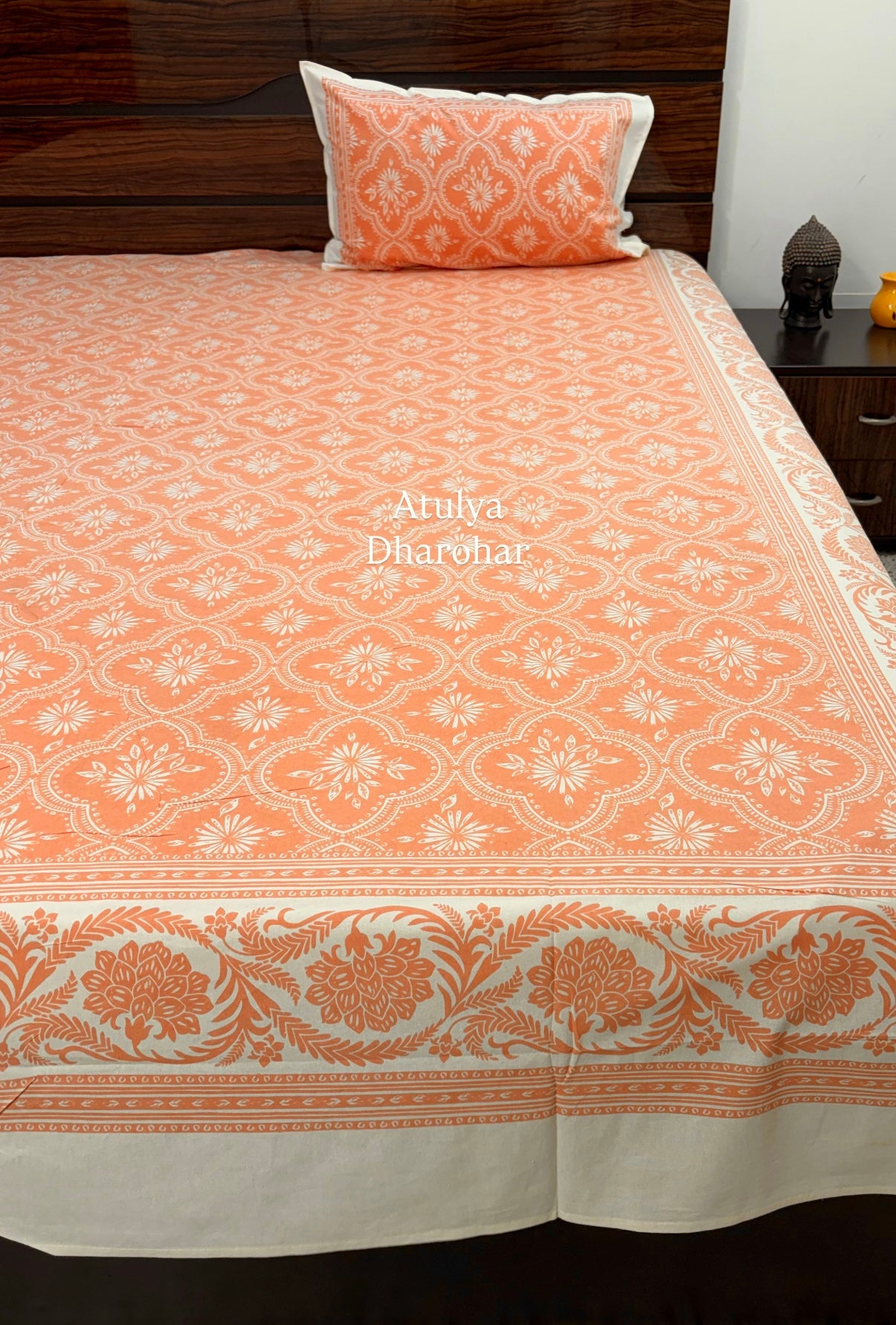 Orange Mughal Jaal Cotton Super King Bedsheet