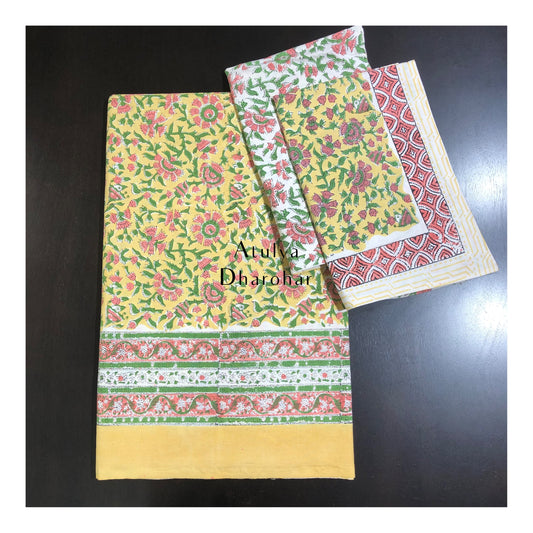 Yellow Floral Jaal Hand Block Bedsheet