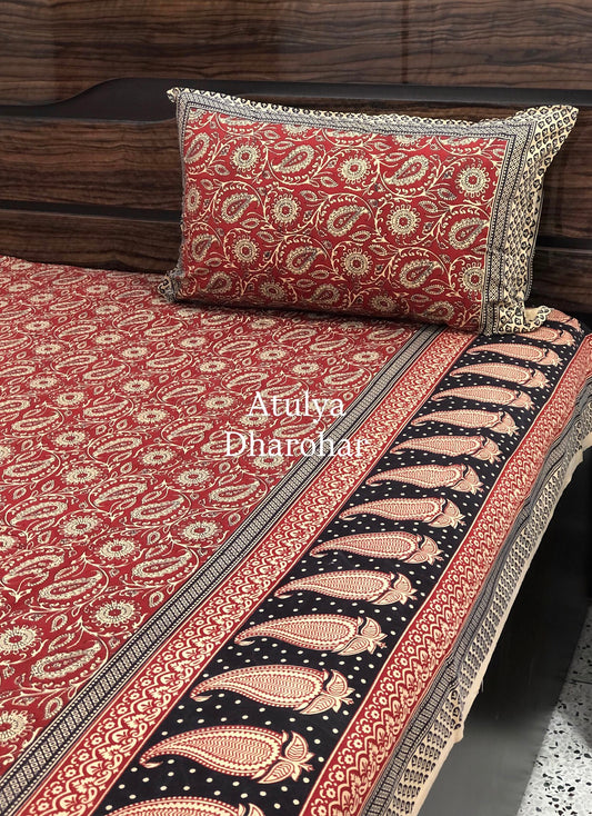 Maroon and Black Cotton Kalamkari King Size Bedsheet