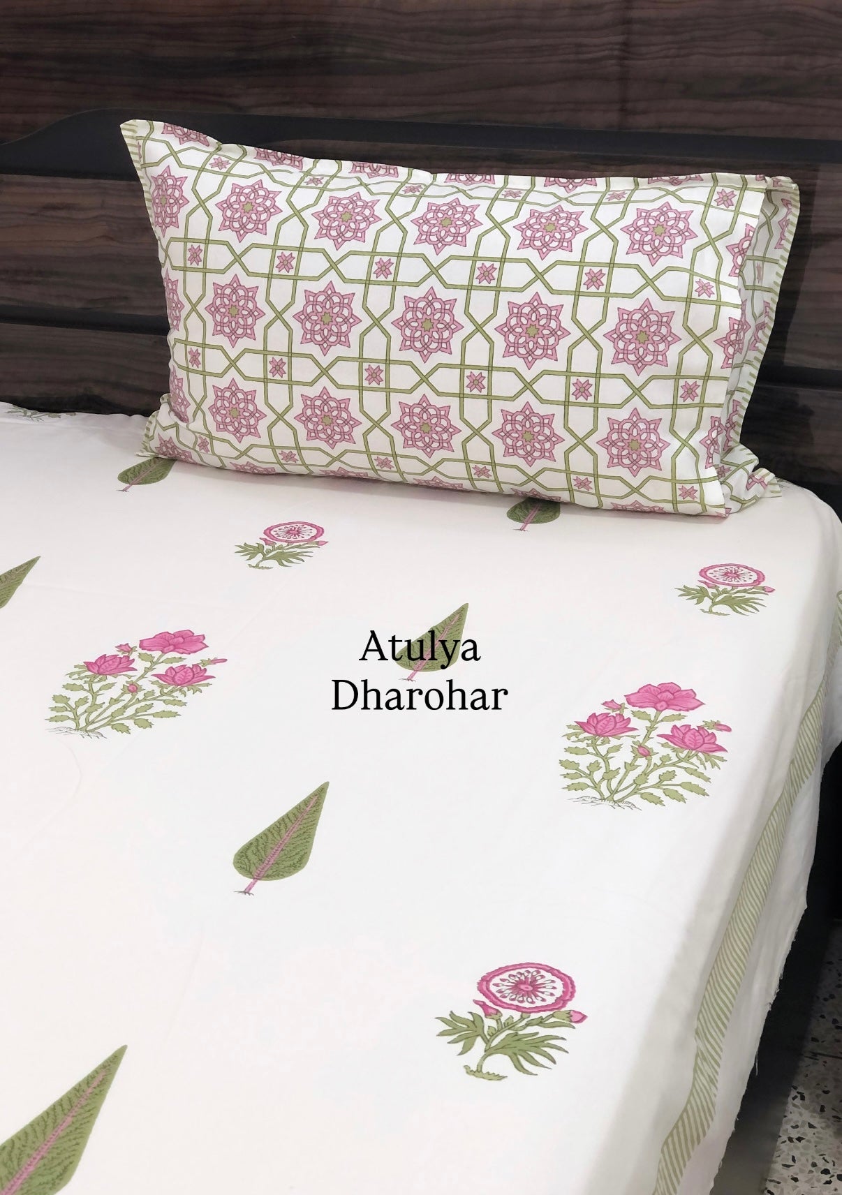 Pink and Green Floral Motifs Cotton Super King Bedsheet