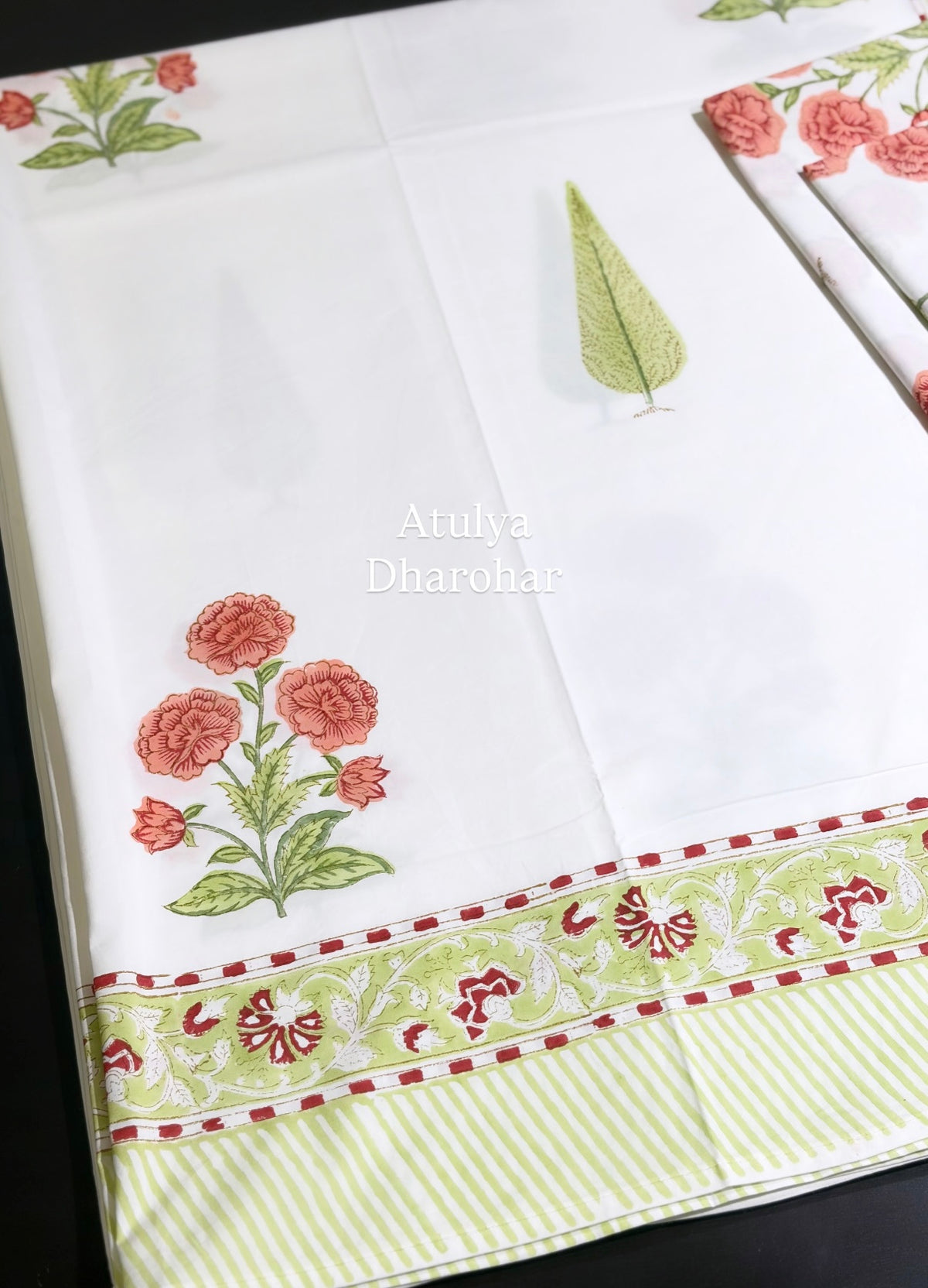 Orange and Green Floral Motifs Percale Cotton Hand Block Printed Super King Bedsheet
