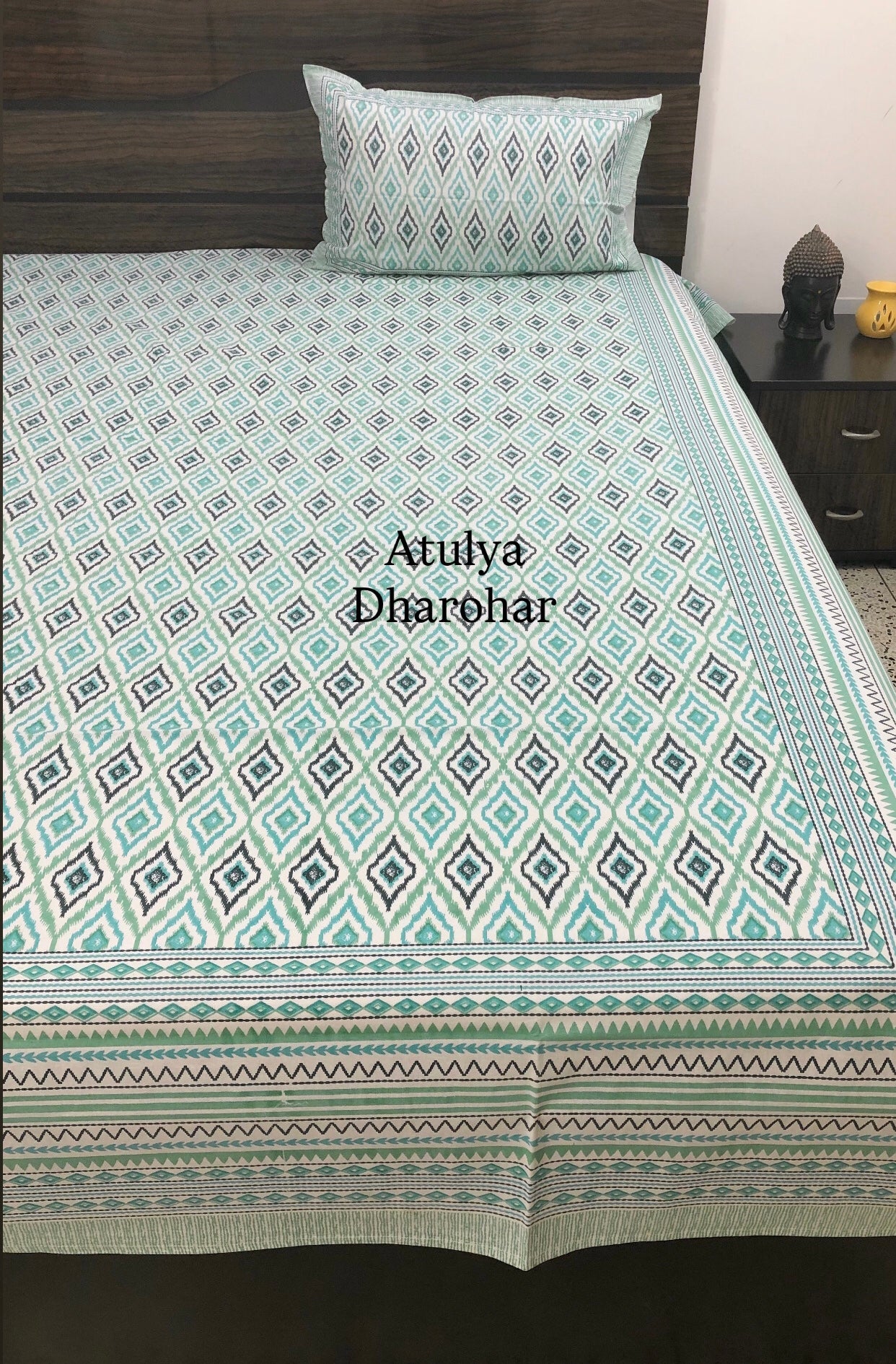 Turquoise and Green Ikat Cotton King Size Bedsheet