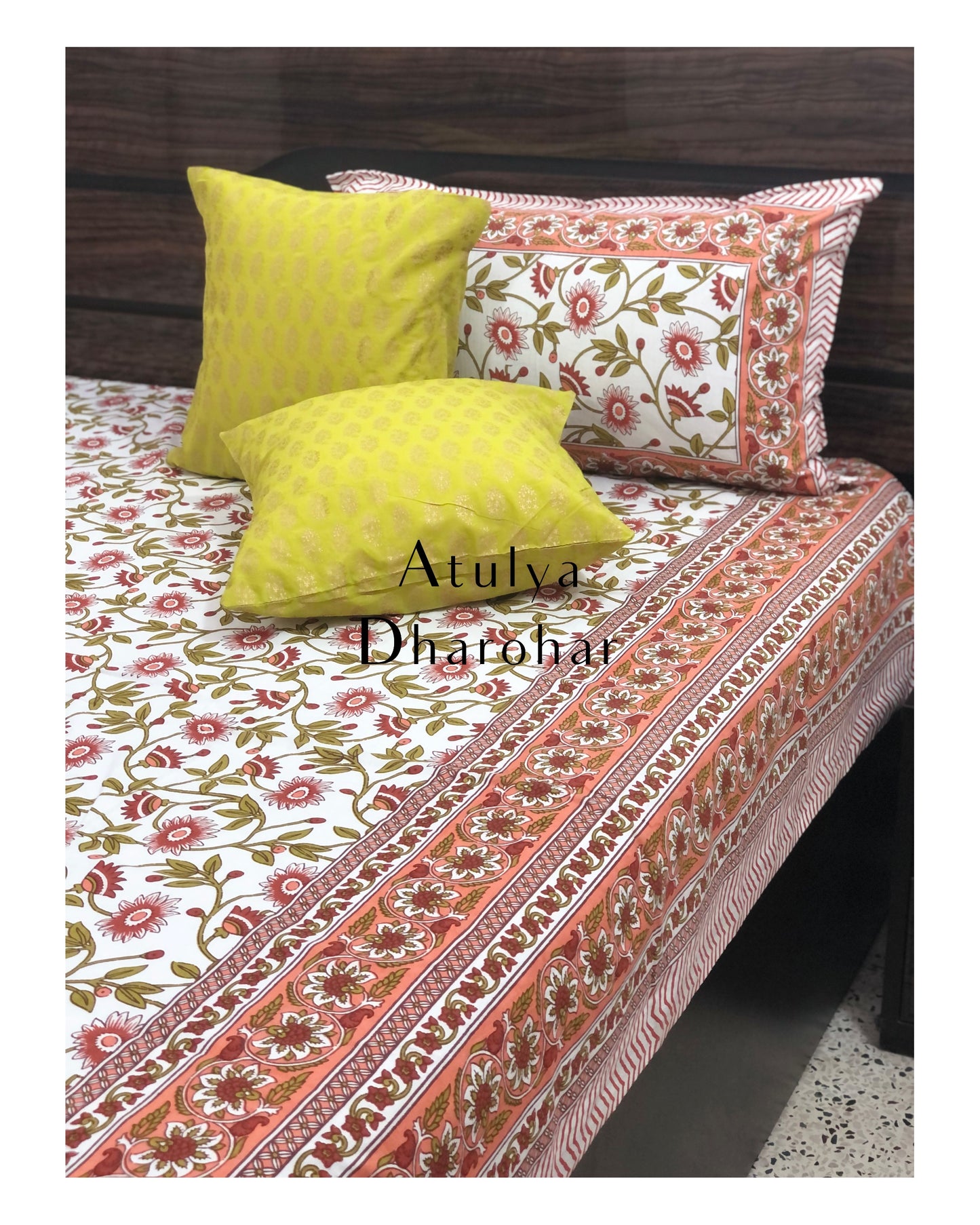 Orange and Green Floral Jaal Bedsheet