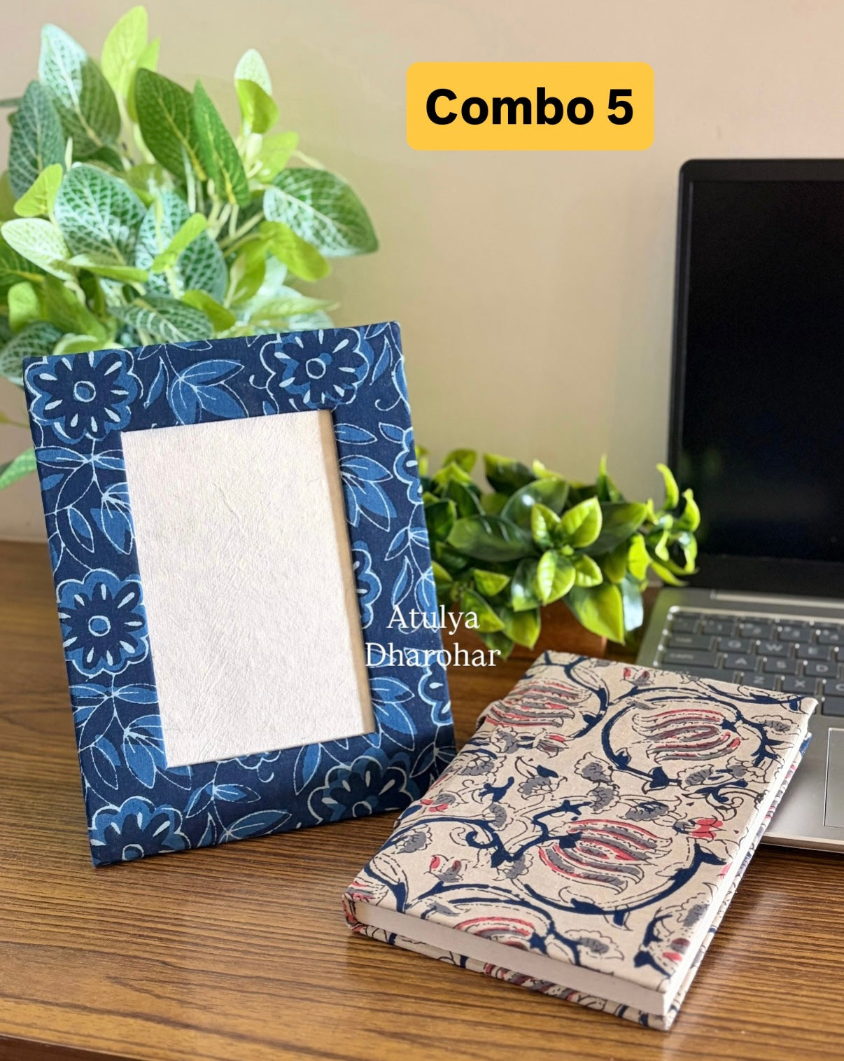 Block Print Handmade Paper Photo Frame and Journal Combo