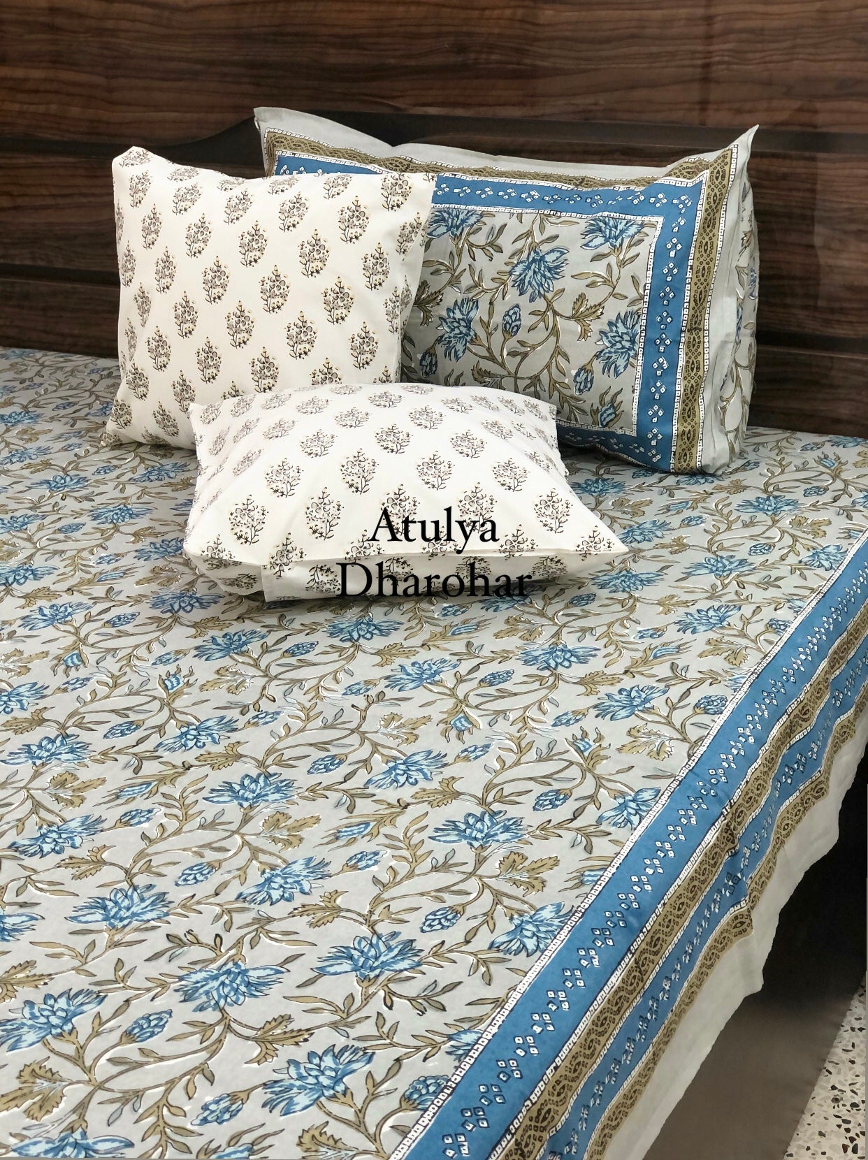 Blue and Grey Floral Jaal Bedsheet