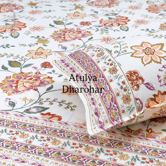 Multicolour Floral Jaal Cotton Super King Bedsheet