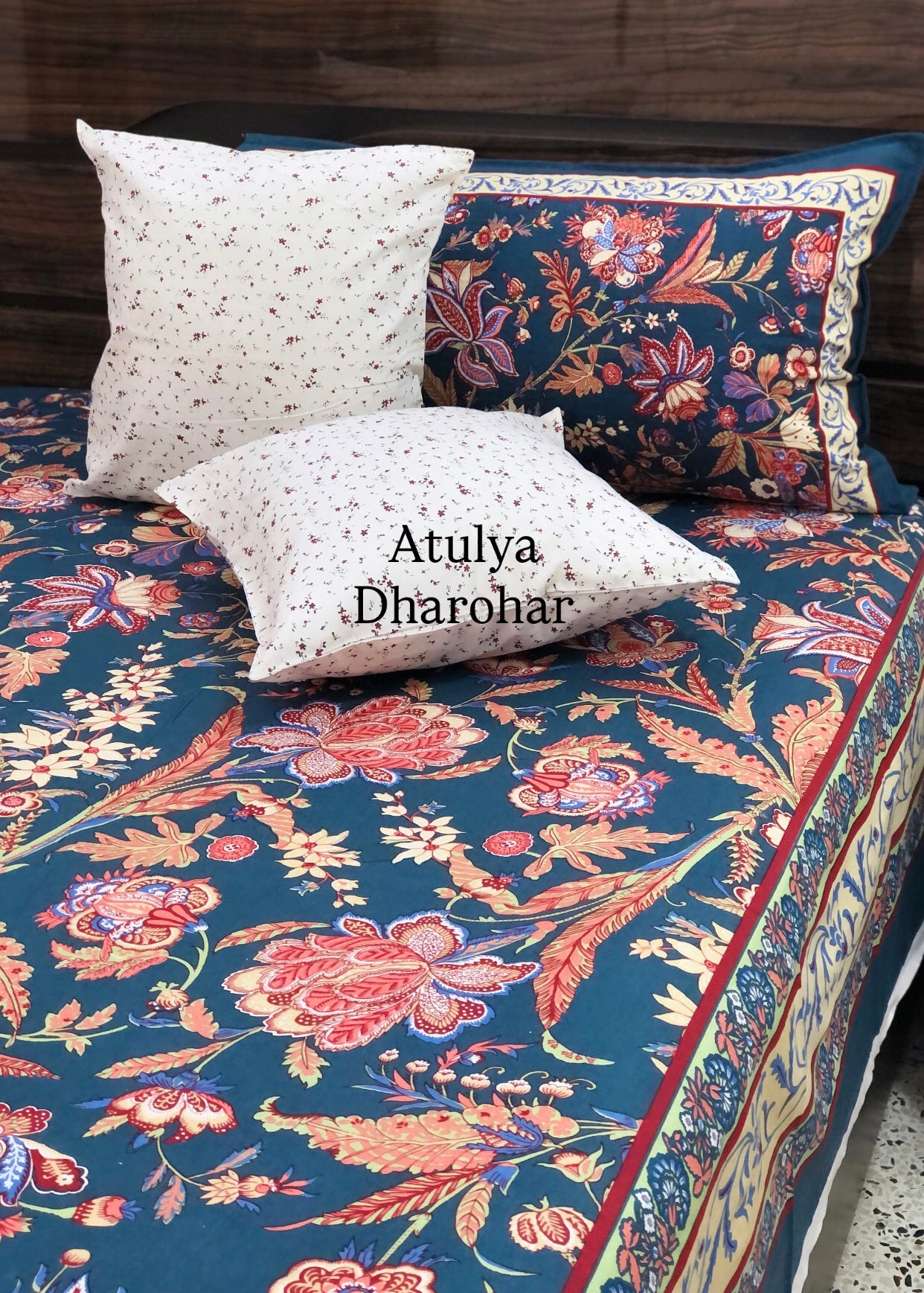 Navy Blue and Multicolour Floral Jaal Super King Cotton Bedsheet