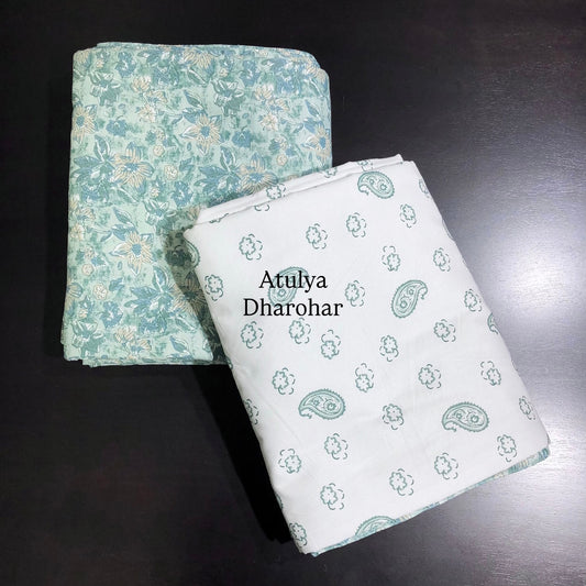 Turquoise Green Paisley Motifs Cambric Cotton Single Dohar Pair
