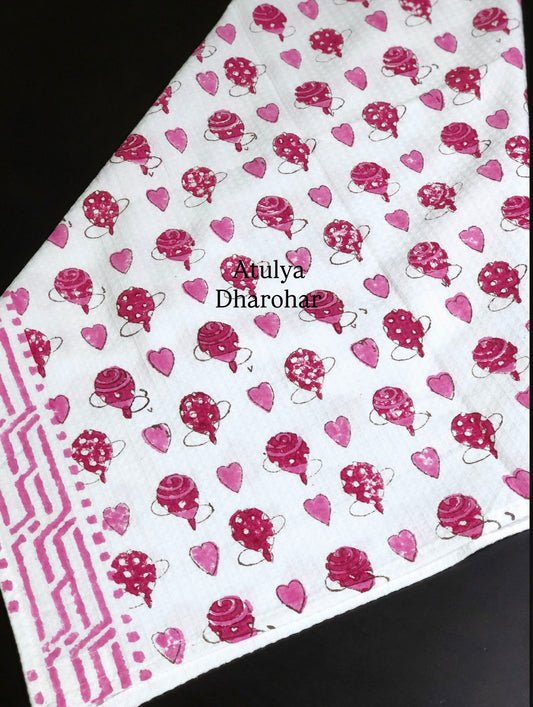 Pink Hearts Hand Block Printed Waffle Cotton Kids Towel
