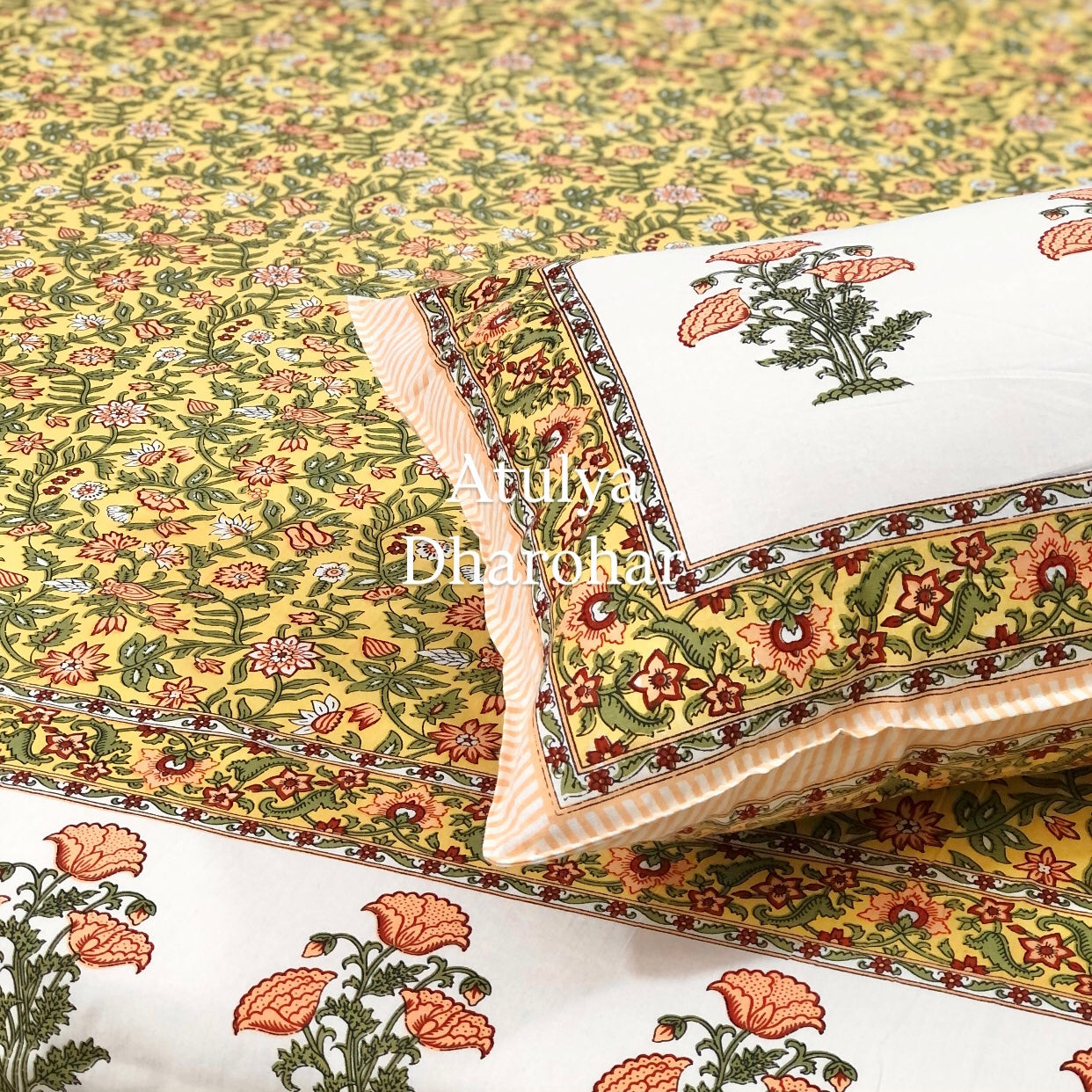 Yellow Floral Jaal Cotton King Size Bedsheet