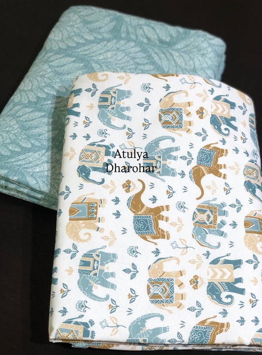 Turquoise Elephant Cambric Cotton Single Dohar Pair