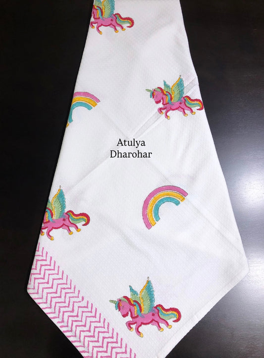 Unicorn with Rainbow Motifs Hand Block Printed Waffle Cotton Kids Towel