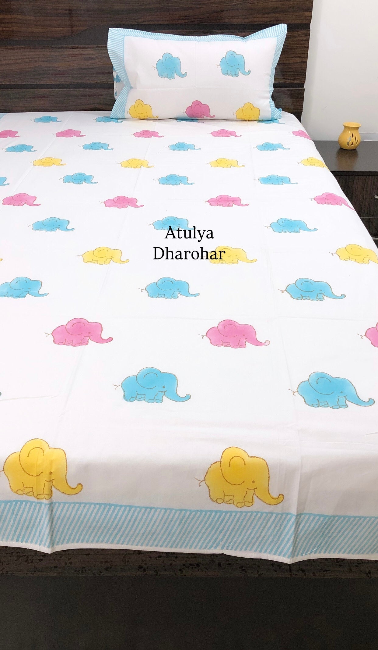 Colourful Elephants Kids Hand Block Printed Single Bedsheet