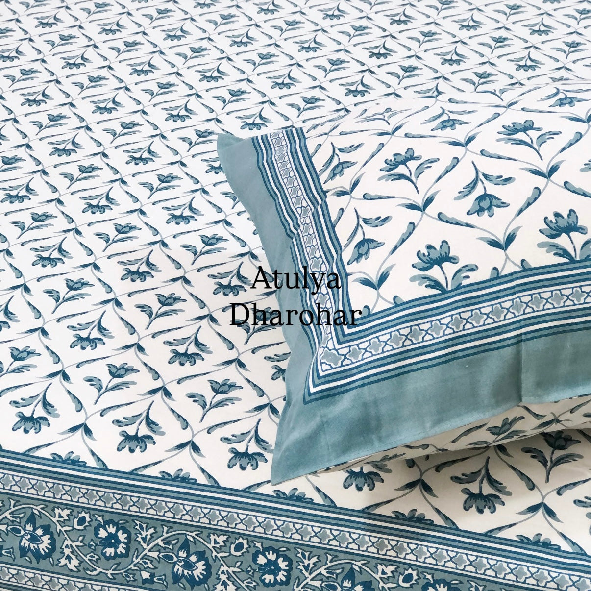 Blue Grey Floral Mughal Jaal Cotton King Size Bedsheet