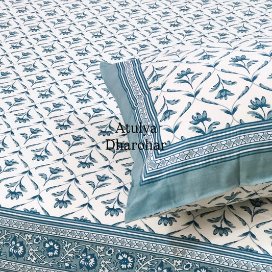 Blue Grey Floral Mughal Jaal Cotton King Size Bedsheet