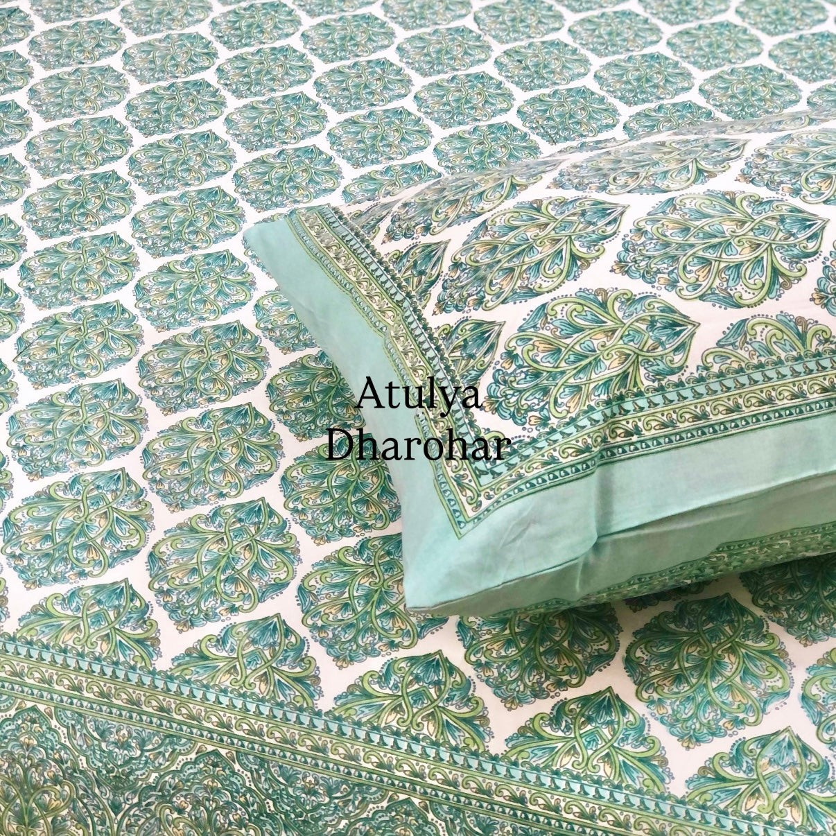 Turquoise Green Floral Motifs Cotton Super King Bedsheet