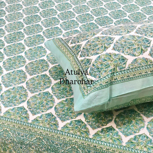 Turquoise Green Floral Motifs Cotton Super King Bedsheet