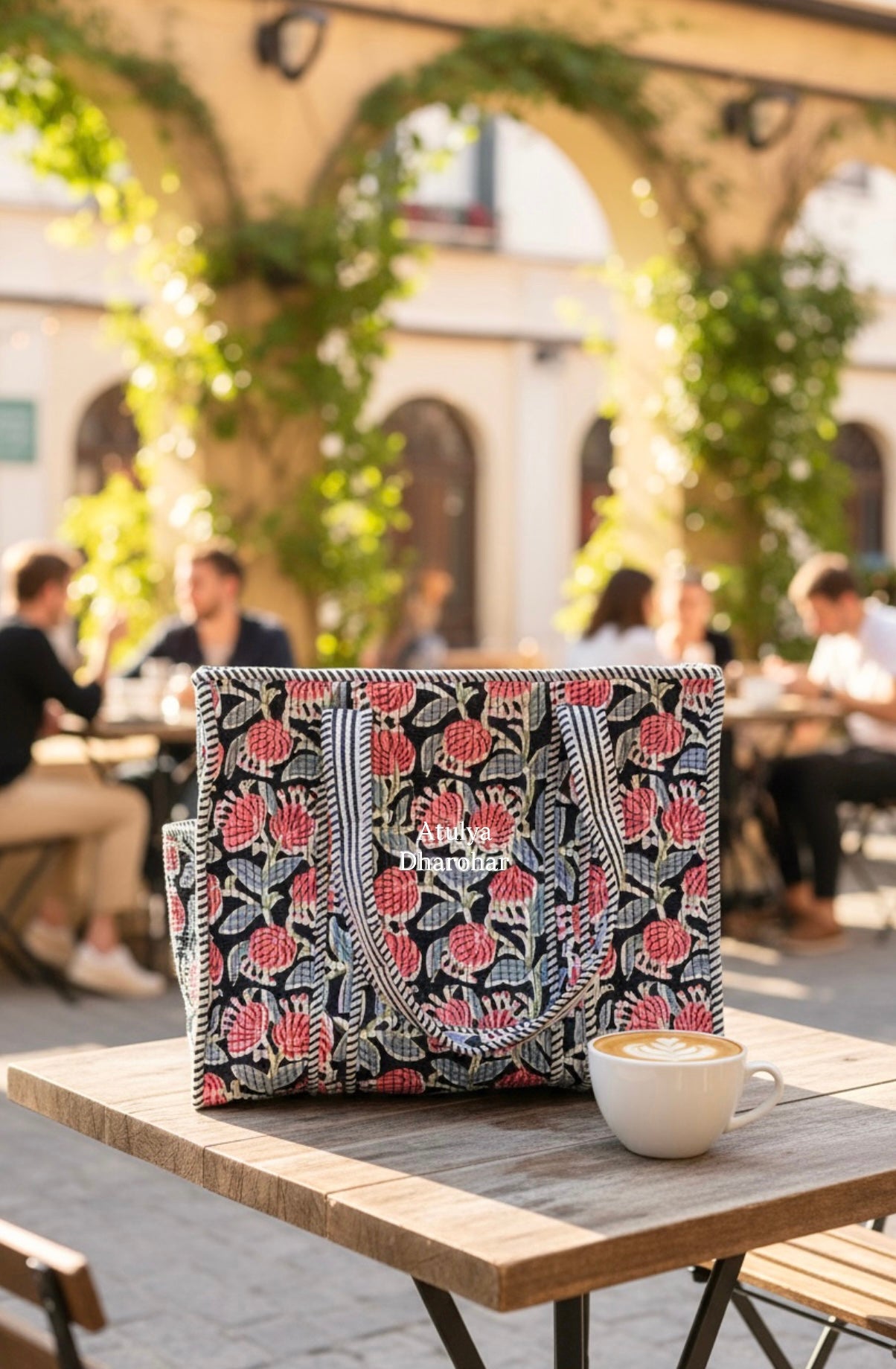 Black Floral Medium Tote Bag with Zip