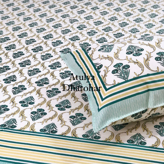 Turquoise Floral Mughal Jaal Bedsheet