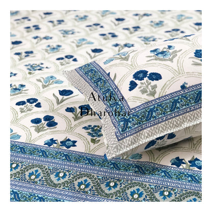 Blue and Grey Mughal Floral Jaal Bedsheet