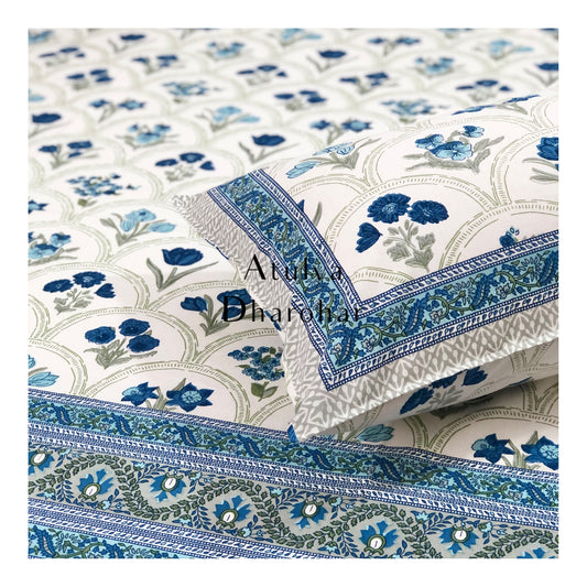 Blue and Grey Mughal Floral Jaal Bedsheet