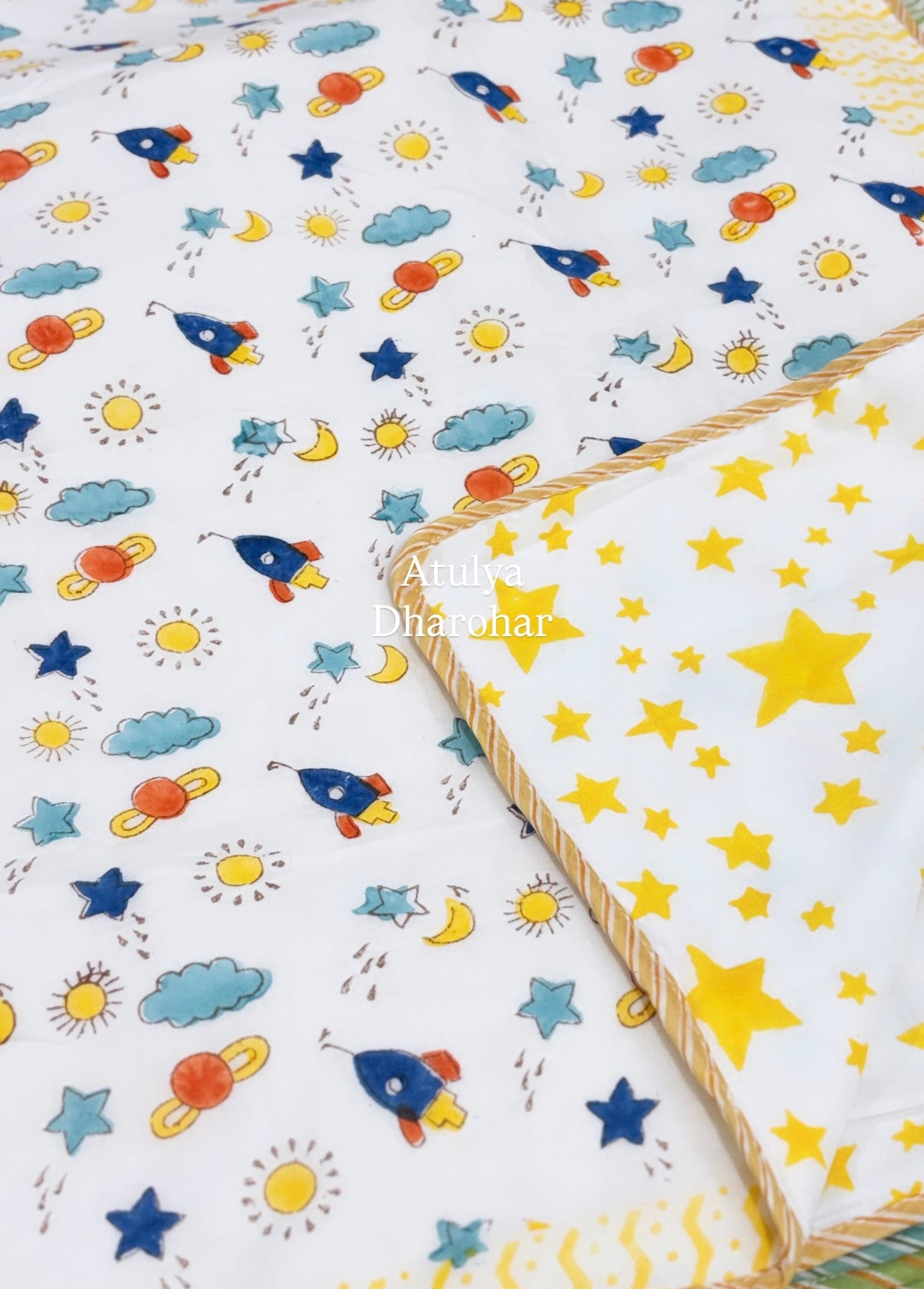 Multicolour Rocket and Galaxy Hand Block Printed Mulmul Baby Dohar