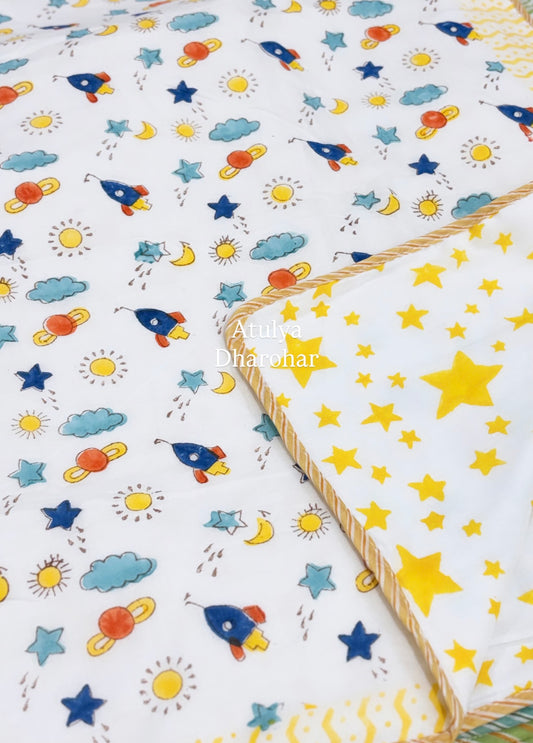 Multicolour Rocket and Galaxy Hand Block Printed Mulmul Baby Dohar