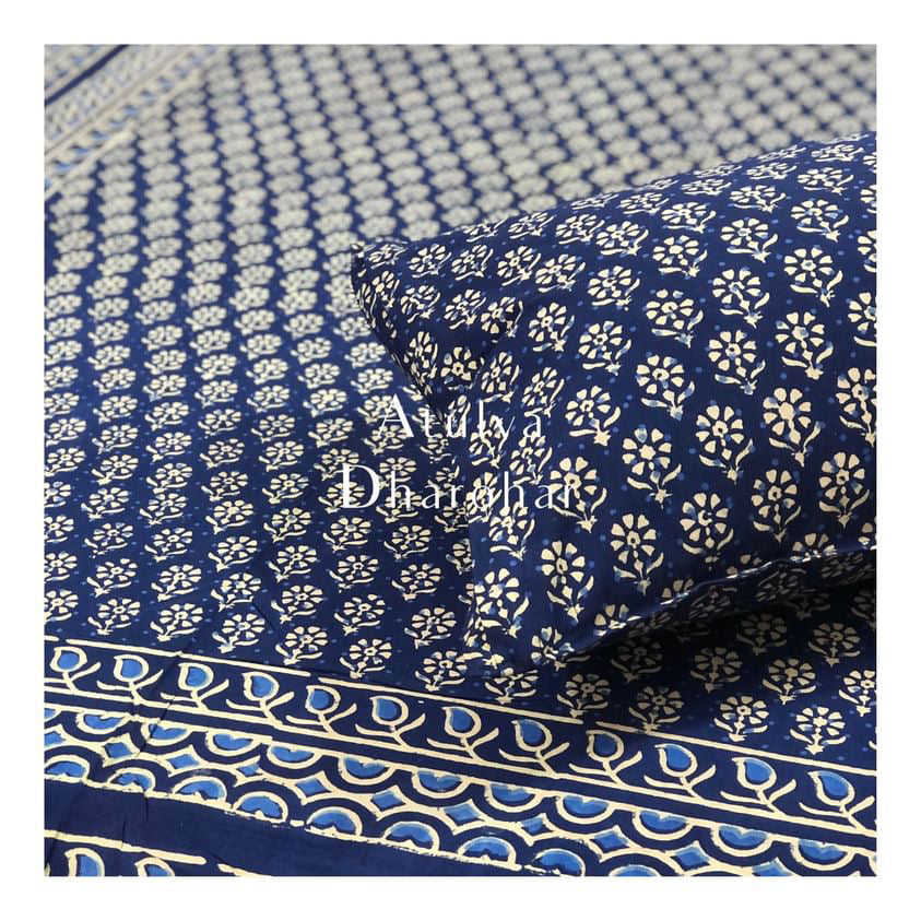 Indigo Butti Hand Block Printed Bedsheet