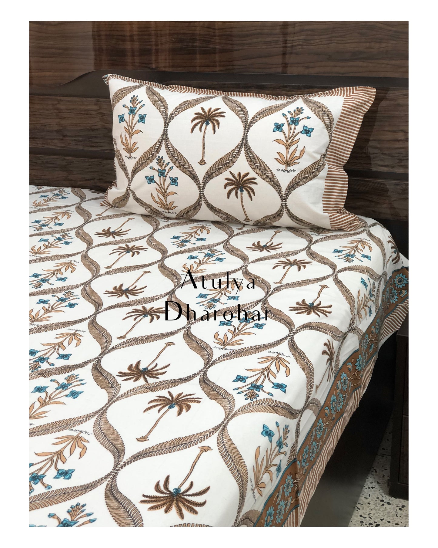 Brown and Blue Mughal Motifs Bedsheet