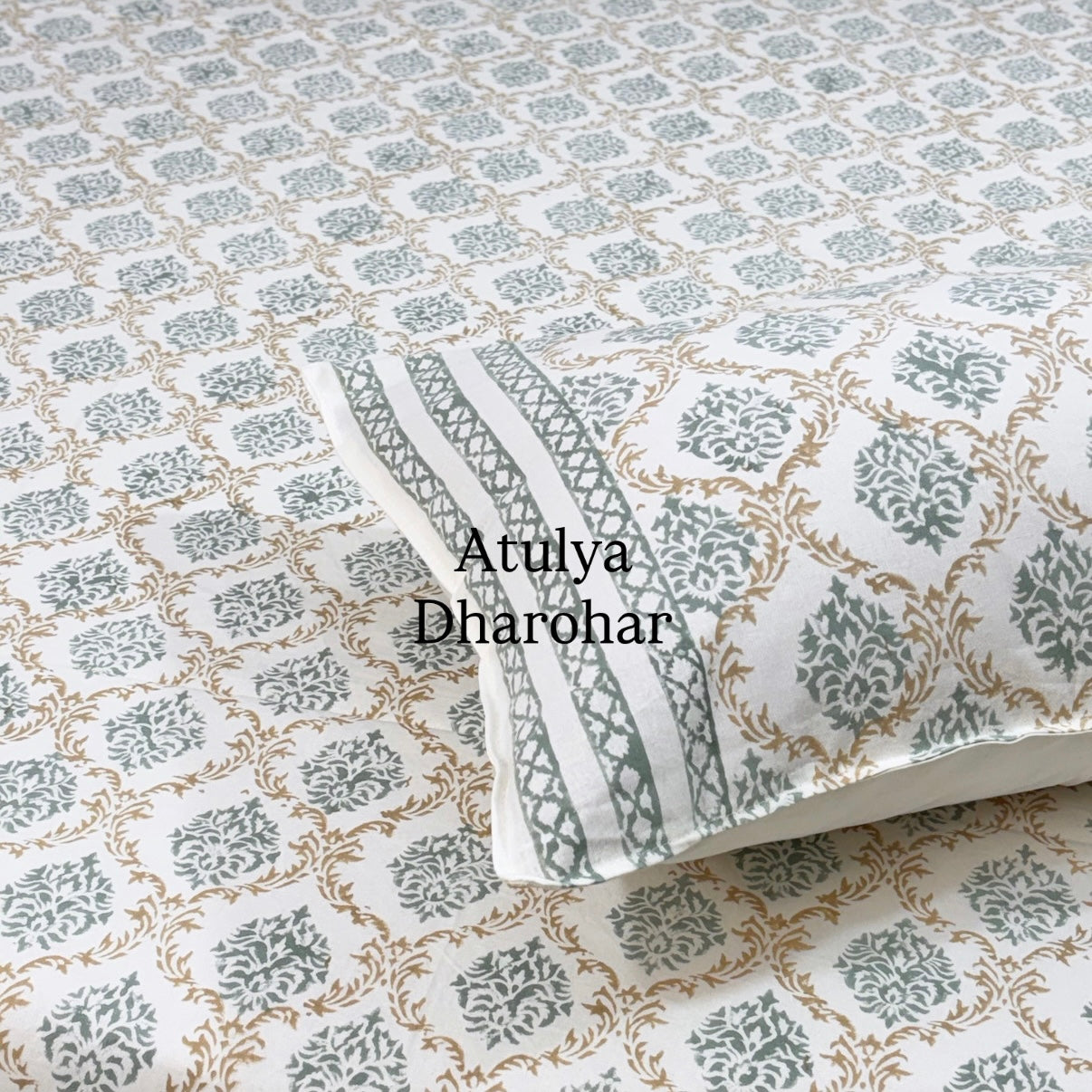 Golden Brown and Grey Green Mughal Jaal Hand Block Super King Cotton Bedsheet