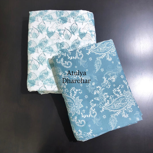 Turquoise Blue Floral Cambric Cotton Single Dohar Pair