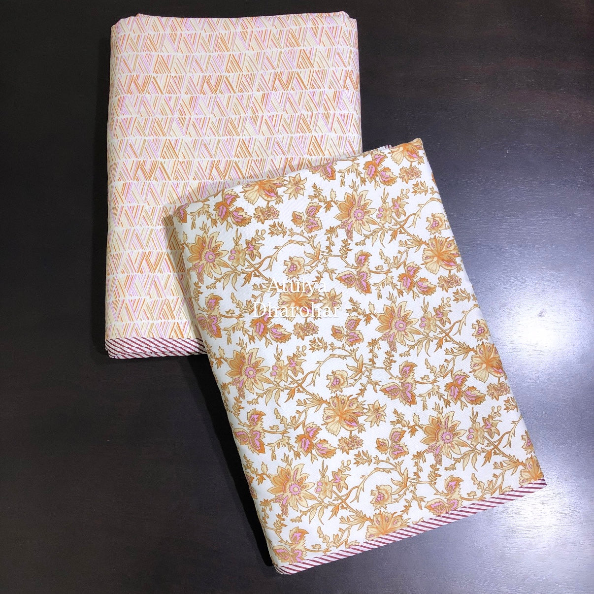 Orange Floral Jaal Cambric Cotton Single Dohar Pair