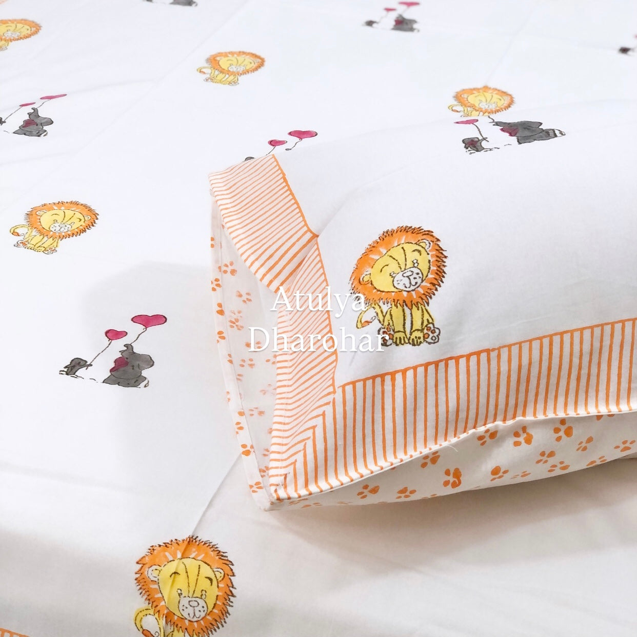 Lion and Elephant Kids Hand Block Printed Single Bedsheet