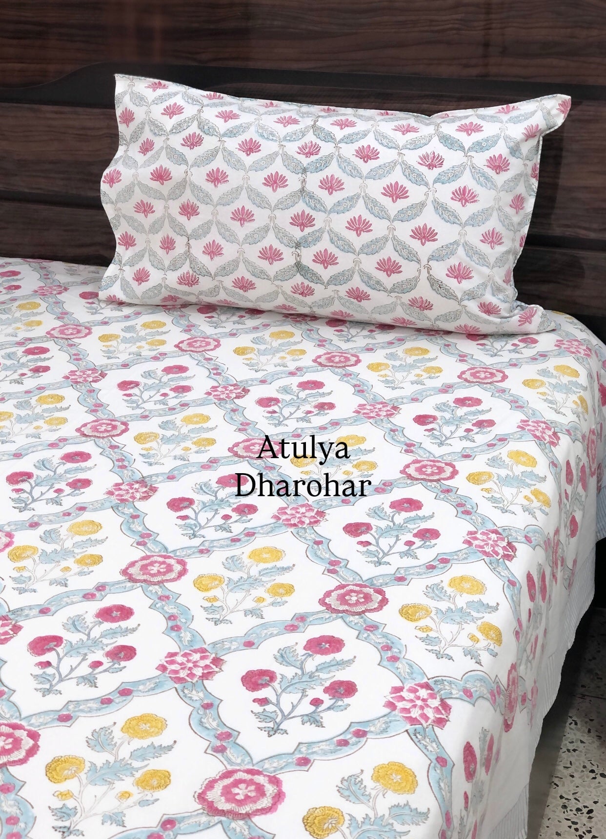 Multicolour Floral Mughal Jaal Hand Block Super King Cotton Bedsheet