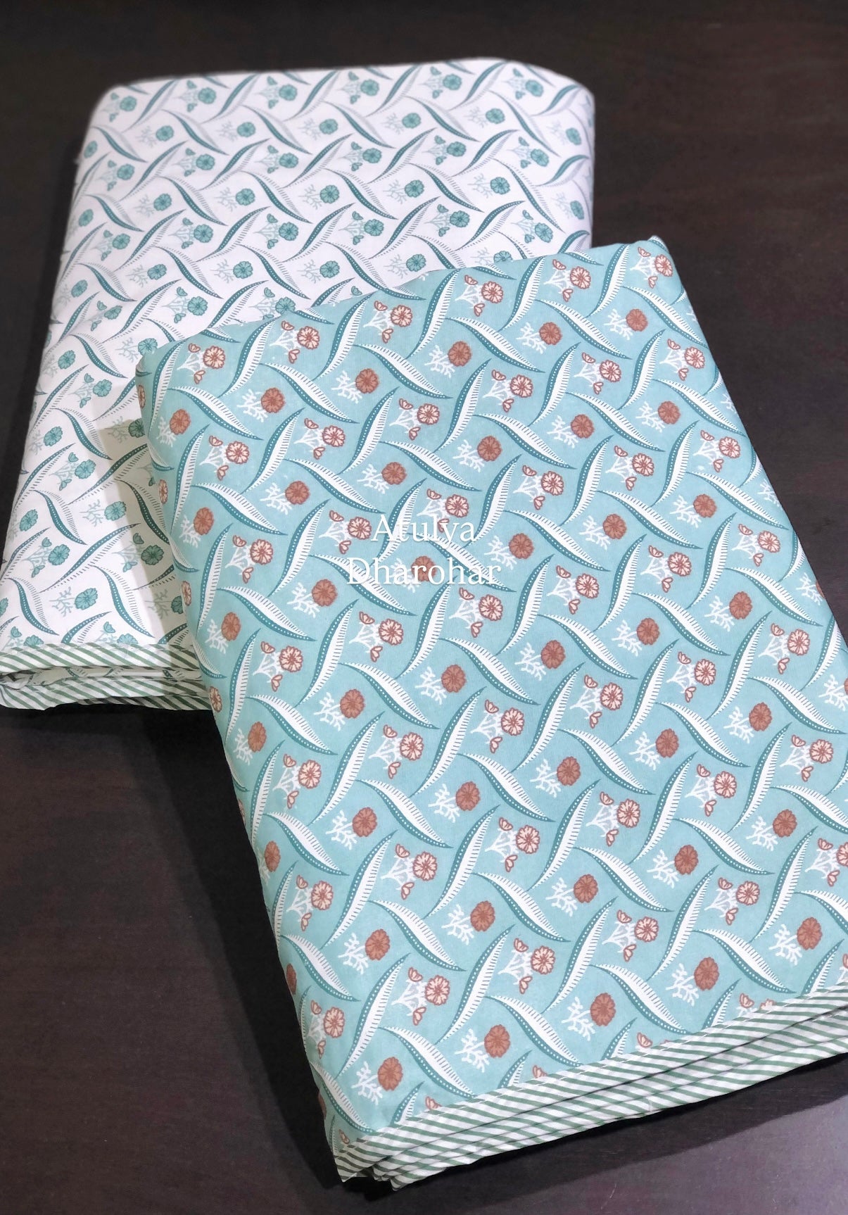 Turquoise Blue Floral Motifs Cambric Cotton Single Dohar Pair