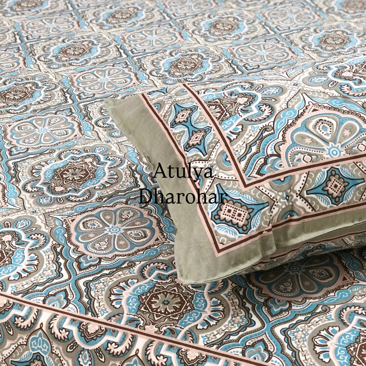 Grey and Blue Ikat Cotton King Size Bedsheet
