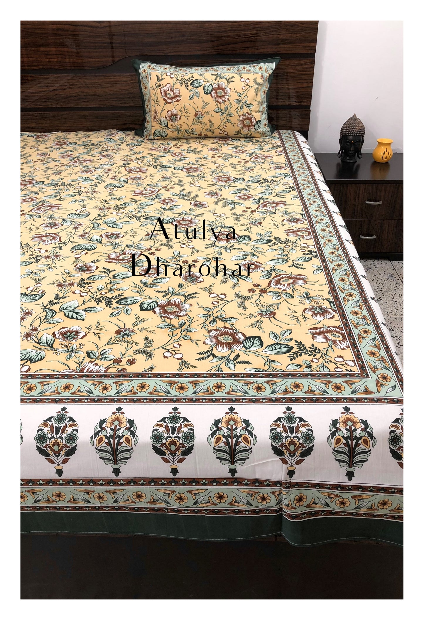 Yellow and Green Floral Jaal Bedsheet