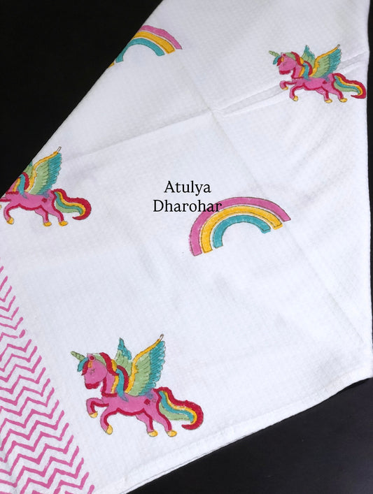 Unicorn with Rainbow Motifs Hand Block Printed Waffle Cotton Kids Towel