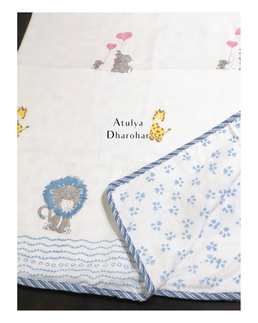 Jungle Theme Hand Block Printed Baby Mulmul Dohar