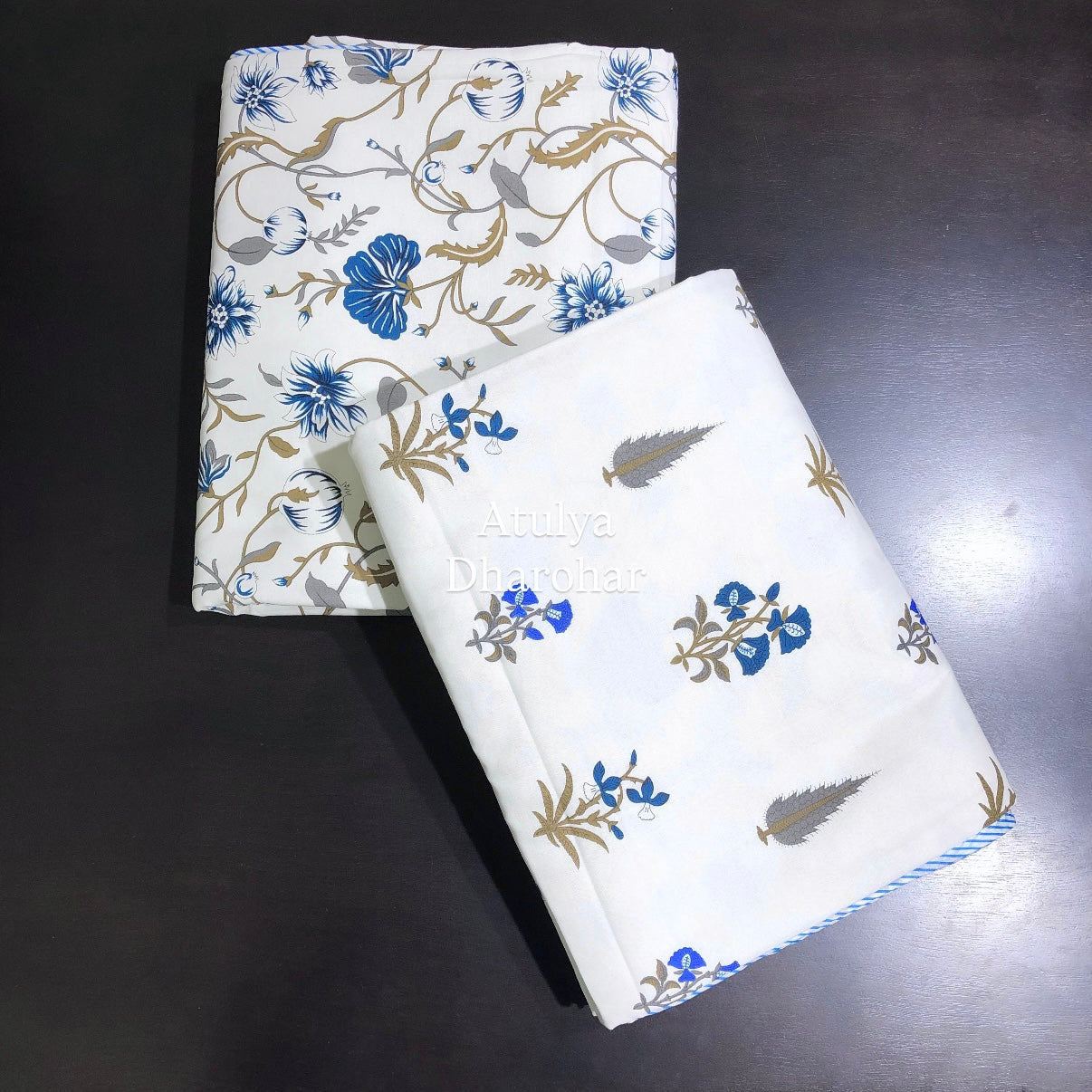 Blue Floral Motifs Cambric Cotton Single Dohar Pair