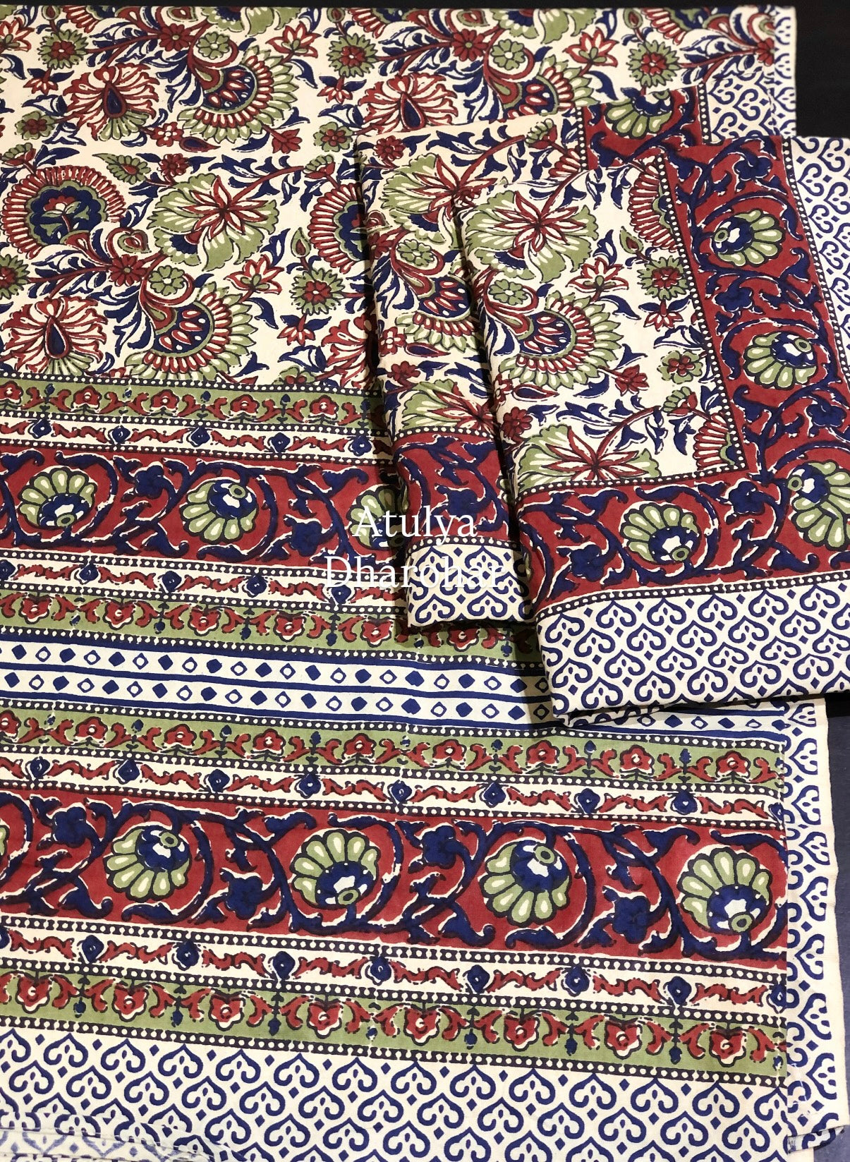 Green and Blue Kalamkari Cotton King Size Bedsheet